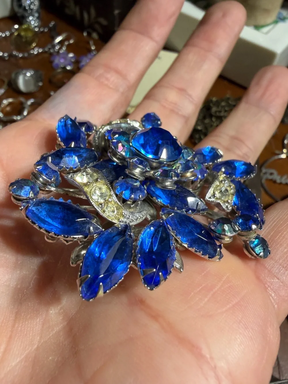 Vintage JUDY LEE Silver Tone Flower Corsage Blue Clear Rhinestones Brooch